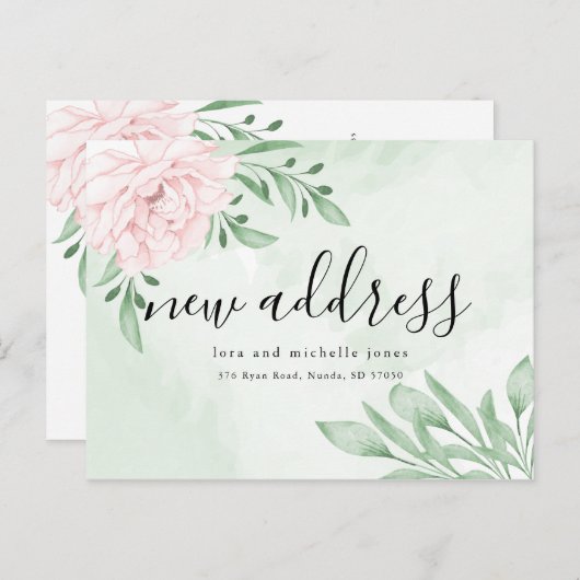ピンクのローズユーカリの葉の新しいアドレス移動 案内ポストカード (正面/裏面)