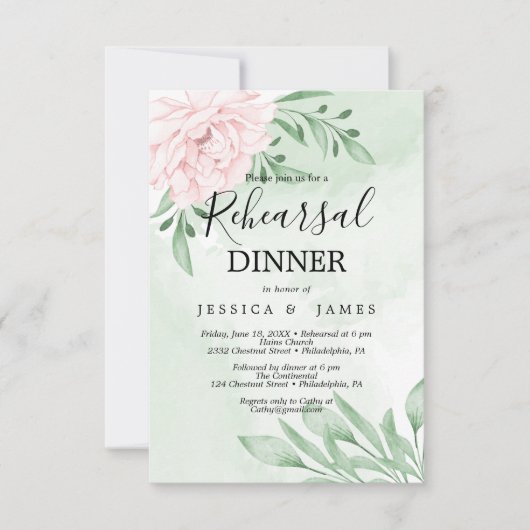 ピンクのローズユーカリ多肉性リハーサルディナー 招待状 (正面)