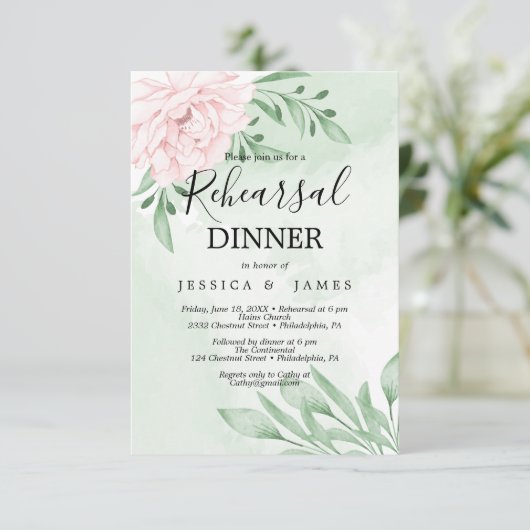 ピンクのローズユーカリ多肉性リハーサルディナー 招待状 (スタンド正面)