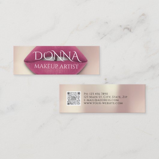 ピンクのローズリップQRコードロゴ化粧リップスティック光沢 スキニー名刺 (正面/裏面)