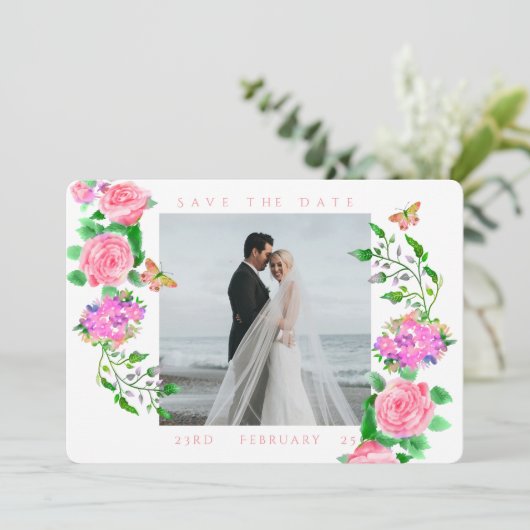ピンクのローズリボンモノグラム結婚写真 セーブザデート (スタンド正面)