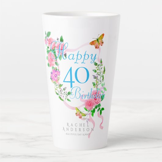 ピンクのローズリボン 40歳の誕生日 カフェラテマグ (正面)