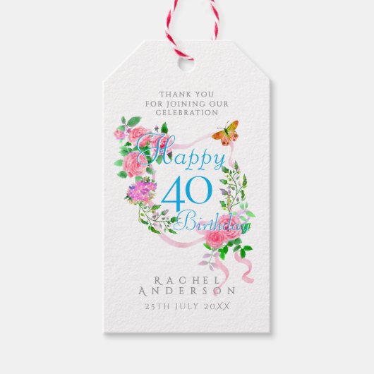 ピンクのローズリボン 40歳の誕生日 ギフトタグ (正面)