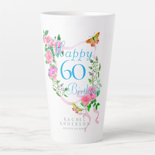 ピンクのローズリボン 60歳の誕生日 カフェラテマグ (正面)