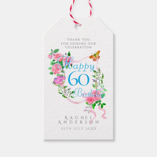 ピンクのローズリボン 60歳の誕生日 ギフトタグ (正面)