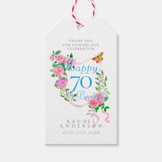 ピンクのローズリボン 70歳の誕生日 ギフトタグ (正面)