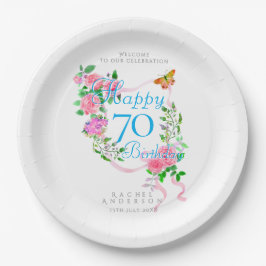 ピンクのローズリボン 70歳の誕生日 ペーパープレート