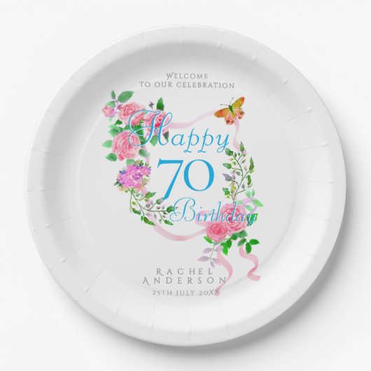 ピンクのローズリボン 70歳の誕生日 ペーパープレート (正面)