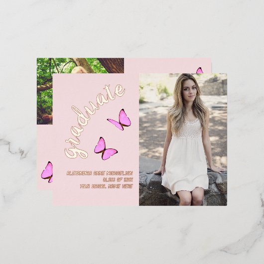 ピンクのローズ金ゴールドと今の写真の卒業 箔招待状ポストカード (正面/裏面)