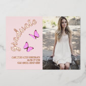 ピンクのローズ金ゴールドと今の写真の卒業 箔招待状 (正面)