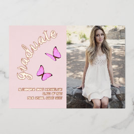 ピンクのローズ金ゴールドと今の写真の卒業 箔招待状