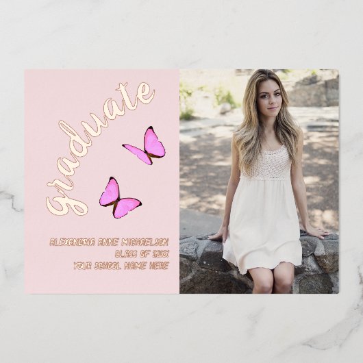 ピンクのローズ金ゴールドと今の写真の卒業 箔招待状 (正面)