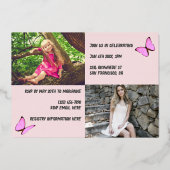 ピンクのローズ金ゴールドと今の写真の卒業 箔招待状 (裏面)