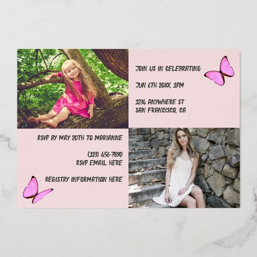 ピンクのローズ金ゴールドと今の写真の卒業 箔招待状 (裏面)