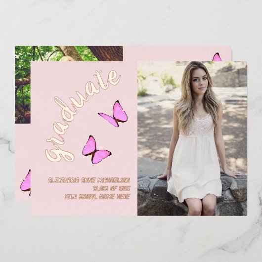 ピンクのローズ金ゴールドと今の写真の卒業 箔招待状 (正面/裏面)