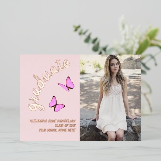 ピンクのローズ金ゴールドと今の写真の卒業 箔招待状 (立ち正面)