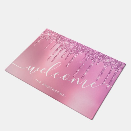 ピンクのローズ金ゴールドと紫のグリッターの滴 ドアマット (アングル)