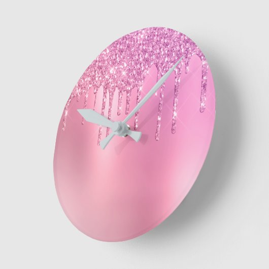 ピンクのローズ金ゴールドと紫のグリッターの滴 ラウンド壁時計 (傾斜)