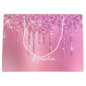 ピンクのローズ金ゴールドと紫のグリッターの滴 ラージペーパーバッグ (正面)