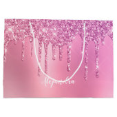 ピンクのローズ金ゴールドと紫のグリッターの滴 ラージペーパーバッグ (裏面)