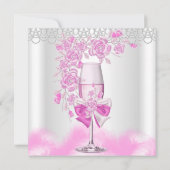 ピンクのローズ シャンパン ホワイト バースデー パーティー 招待状 (裏面)