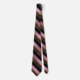 ピンクのローズ、ブラックとヒョウのパタストライプーンデザイン ネクタイ