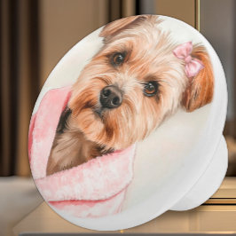 ピンクのローブの水色のフワフワのテリア セラミックノブ