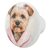 ピンクのローブの水色のフワフワのテリア セラミックノブ (右)