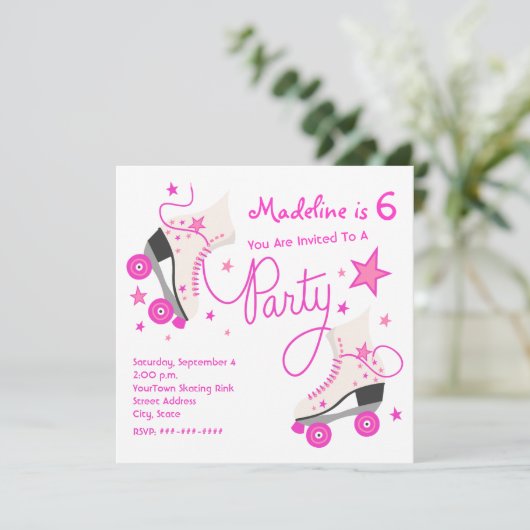 ピンクのローラースケートのパーティの招待状 招待状 (スタンド正面)