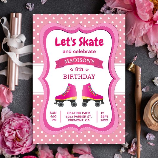 ピンクのローラースケート 子供のスケート 誕生日パーティー 招待状