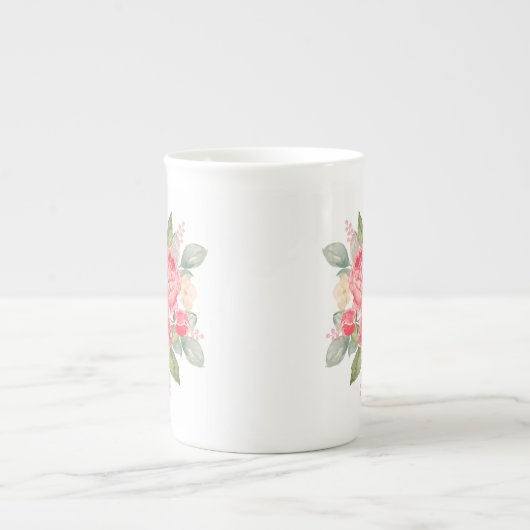 ピンクのロ絵を描スの花束 ボーンチャイナマグカップ (正面)