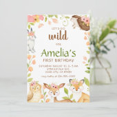 ピンクのワイルドウッドランド動物 1歳の誕生日招待状 招待状 (スタンド正面)
