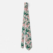 ピンクのワイルドバラの花と緑の葉のパターン ネクタイ (裏面)
