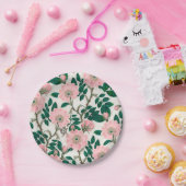 ピンクのワイルドバラの花と緑の葉のパターン ペーパープレート (パーティー)