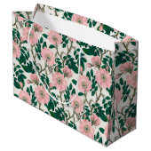 ピンクのワイルドバラの花と緑の葉のパターン ラージペーパーバッグ (裏面アングル)