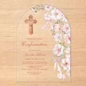 ピンクのワイルドフラワーと弓アーチの確認 アクリル招待状 (正面)