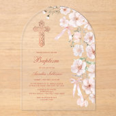 ピンクのワイルドフラワーと弓アーチバプテスマ アクリル招待状 (正面)
