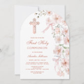 ピンクのワイルドフラワーと弓最初の聖餐会 招待状 (正面)