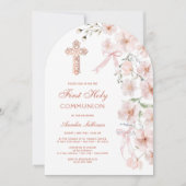 ピンクのワイルドフラワーと弓最初の聖餐会 招待状 (正面)