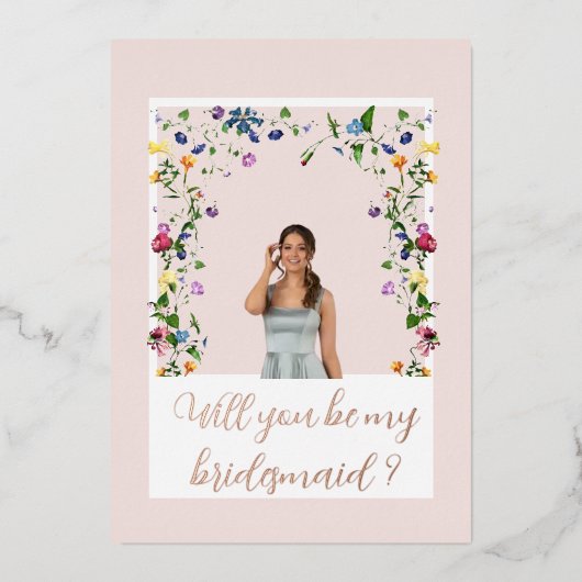 ピンクのワイルドフラワーのブライズメイド 箔招待状 (正面)