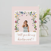 ピンクのワイルドフラワーのブライズメイド 箔招待状 (立ち正面)