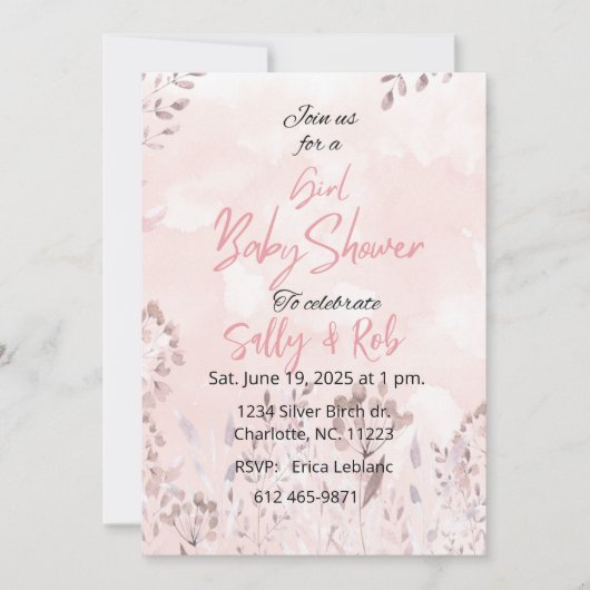 ピンクのワイルドフラワーの女の子のベビーシャワー 招待状 (正面)