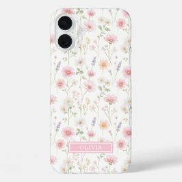 ピンクのワイルドフラワーの水彩モノグラム iPhone 16 PLUSケース