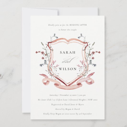 ピンクのワイルドフラワーの水色のクレスト後の朝 招待状 (正面)