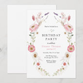 ピンクのワイルドフラワーの花畑のリース 誕生日 招待状 (正面/裏面)