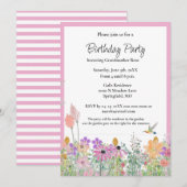 ピンクのワイルドフラワーの誕生日パーティー招待状 招待状 (正面/裏面)