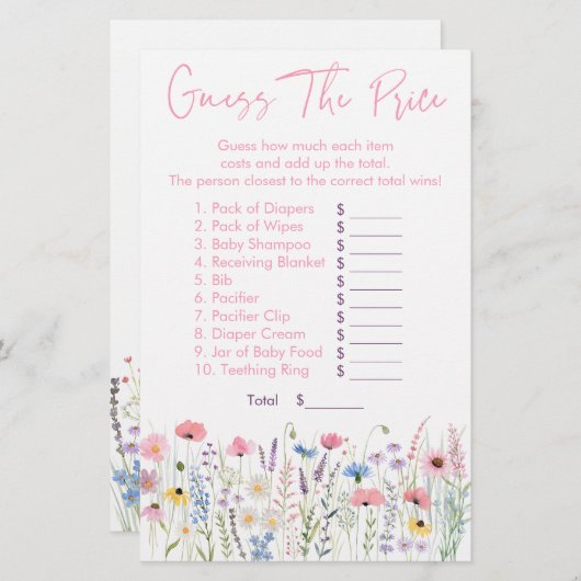 ピンクのワイルドフラワーは、価格シャワーゲームを推測 (正面/裏面)