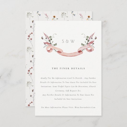 ピンクのワイルドフラワーウォータカラーリボン結婚の詳細 エンクロージャーカード (正面/裏面)