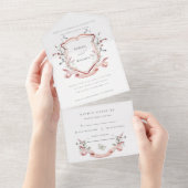 ピンクのワイルドフラワーウォーターカラーモノグラム結婚クレスト オールインワン招待状 (貼ってはがせる)