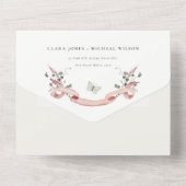 ピンクのワイルドフラワーウォーターカラーモノグラム結婚クレスト オールインワン招待状 (裏面)